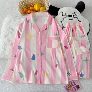 Spring and Autumn Geometric Elastic Waist Knitted Soft Long-sleeved pink Cute Ladies' Pajamas