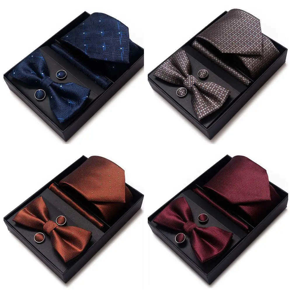 Nouveaux ensembles de nœuds papillon pour hommes, boîte à nœuds de luxe avec poche boutons de manchette carrés, ensemble de cravates, boîte cadeau en soie pour hommes