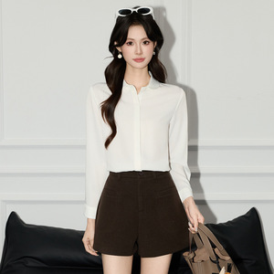 Peter Pan Collar Long Sleeve Shirt Solid Color <b>Polyester</b> Women's Blouse Everyday Wear - Product Image 2