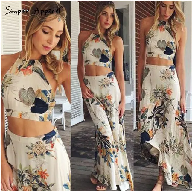 Nuove donne di estate vestiti Alla Moda elegante stampa floreale delle donne del vestito di trascinamento insieme a due pezzi sexy più il formato maxi vestito