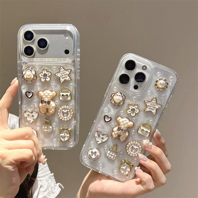 Cartoon Bear Love 3D Mobile Phone case for iPhone 17 Air 16 15 Pro Max Transparent Flower Cute DIY Beads Stars Bow back Cover