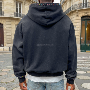 Sweat à capuche zippé pour homme, effet délavé soleil, double lavage, avec strass, épaules tombantes, en molleton bouclette, délavé à l'acide, imprimé graphique - Product Image 2