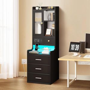 <span class=keywords><strong>Mesita</strong></span> de <span class=keywords><strong>Noche</strong></span> Alta con Estación de Carga, Gabinete con 3 Cajones y Puerta Acrílica, Color Negro - Product Image 3