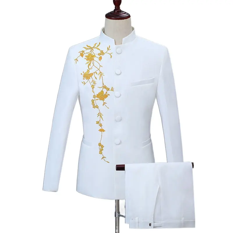 Wedding Suit Embroidery Men Stand Collar Suits All White For Men Slim Fit Tuxedo Floral