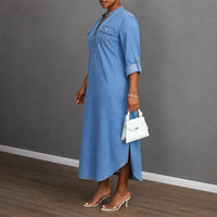 Gaun Kemeja Wanita Elegan Vintage Kasual Denim Polos Panjang Lantai Kancing Tunggal Ramah Lingkungan Ukuran XL Grosir Wanita