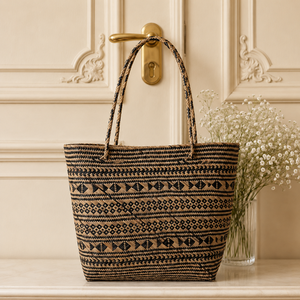 Eco-friendly <b>Straw</b> Tote <b>Bag</b> Geometric Woven Pattern Bohemian Style Open Top Shopping <b>Bag</b> All Seasons Use - Product Image 2