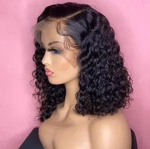 Kostenlose Probe Afro Wasserwelle kurze Bob Perücke Echthaar Großhandel peruanische Bob Perücken für schwarze Frauen HD 13 X6 Lace Front Perücke Anbieter