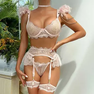 Set Bra dan celana dalam seksi Lingerie pakaian dalam wanita renda bulu merah muda Set celana dalam erotis transparan kostum intim