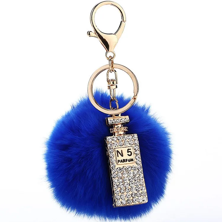 7cm Pompon blau Plüsch Fell Ball Schlüssel bund mit glänzender Parfüm flasche
