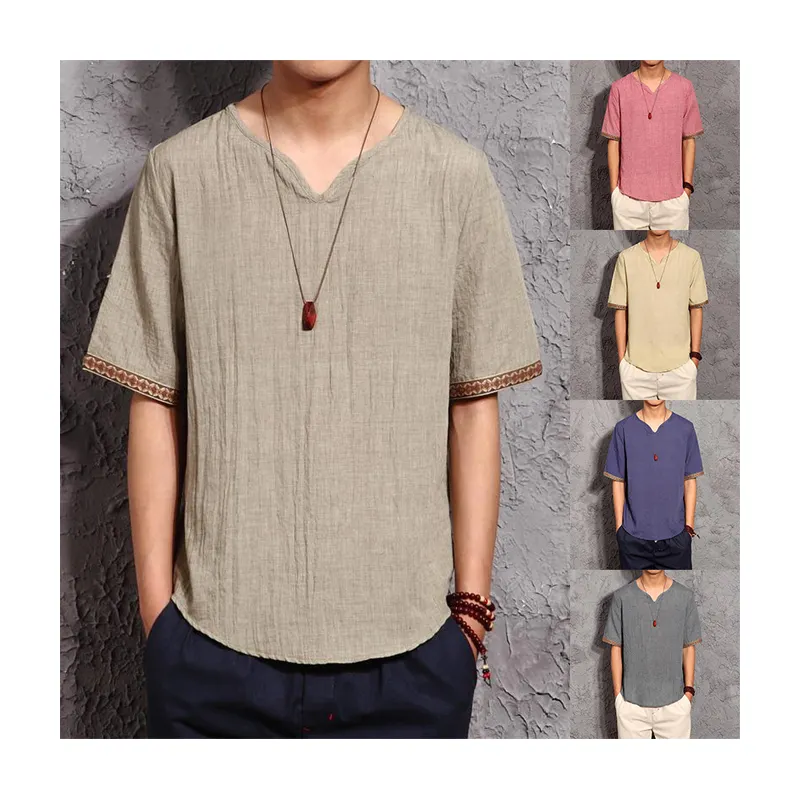 Wholesales Men's Casual Summer Hemp T Shirts Bulk V-neck Linen T-shirt with Custom Logo Breathable Hemp Shirts