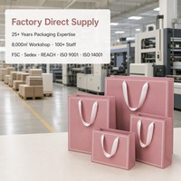 Ensemble de sacs shopping personnalisés rose poudré, 3 tailles, avec poignées en ruban de satin blanc, vente en gros directe d'usine pour les magasins de mode