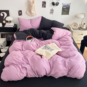 Parure de lit 3/4 pièces en coton lavé style américain, couleur unie, douce, couleur bonbon, housse de couette, drap plat, taie d'oreiller, pour la maison et l'hôtel - Product Image 1