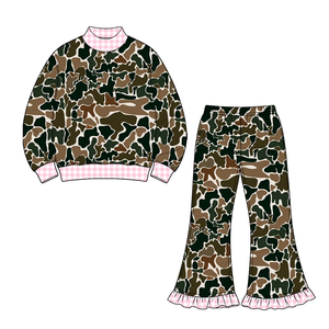 Customize kids Girls <b>Camo</b> Print 2Pcs Casual Sets Long Sleeve Mock Neck <b>Top</b> Pants with Pink Gingham Trim Boutique Autumn Outfits - Product Image 4