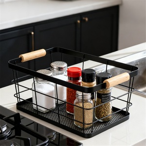 Modern Stainless Steel <b>Standing</b> Type Kitchen Storage Rack Wooden Handle Basket Countertop Seasoning Snacks Vegetable Organizer - Product Image 4