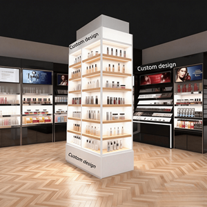 ชั้นวางเครื่องสำอางแบบมีไฟ LED แบบกำหนดเอง - ชั้นวางสินค้าสำหรับร้านค้าปลีกทำจากไม้และสีขาว พร้อมชั้นวางปรับระดับได้สำหรับ<span class=keywords><strong>ร้าน</strong></span>เสริมสวย - Product Image 1