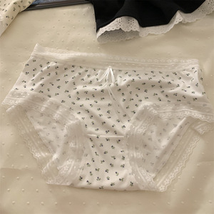 Wholesale Soft Floral Printed Combed Cotton Women Briefs Scalloped Lace Edge <strong>Tiny</strong> Bow Solid Base Daily Lingerie <strong>Panties</strong> - Product Image 6