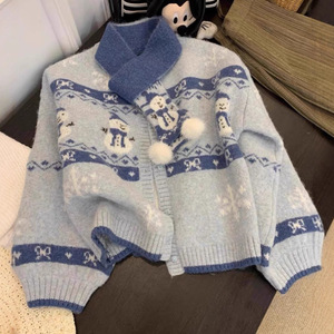 Women's Fair Isle Knit <b>Cardigan</b> Autumn Winter Mohair Loose Single Breasted Anti-Pilling Contrast Color Sweater Coat - Product Image 5