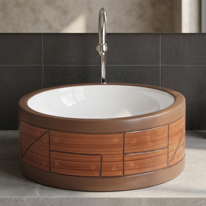 Lavabo de table Micky bleu brun abat-jour lavabo rond moderne en céramique lavabo d'art fait à la main avec évier de luxe à motif de marbre - Product Image 6