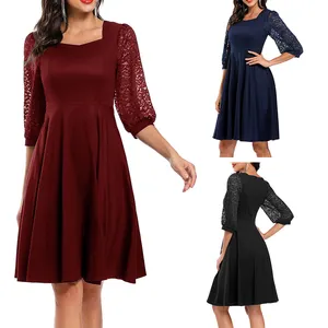 2023 Gaun Wanita Elegan Vintage Leher Persegi Pesta Kasual Formal Merah Hitam Navy Biru Renda Gaun Wanita