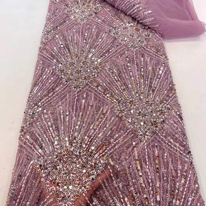 Heavy Purple Beads Embroidery <strong>Lace</strong> <strong>Fabric</strong> - Product Image 1