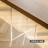 Table de restaurant flottante moderne, plateau en placage de bois de cerisier, pieds en acrylique transparent, design minimaliste nordique, usage commercial et domestique
