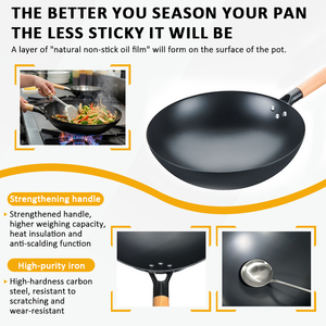 <span class=keywords><strong>Wok</strong></span> Chinês Sem Revestimento Químico, Woks de Aço Carbono Pré-temperados com Cabo de Madeira para Uso em Restaurantes e Cozinhas de Hotéis - Product Image 4