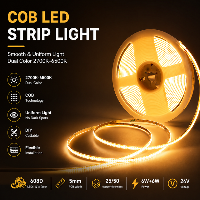 608 LEDs/m Flexible COB LED Strip Light 24V 6W+6W Dual Color 2700K-6500K Cuttable 5MM PCB