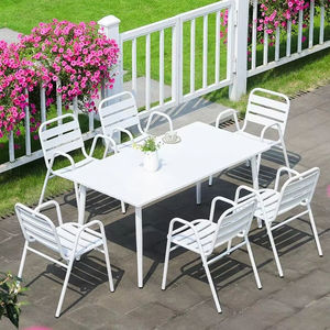 White Durable Outdoor Dining Set Rectangular Table with 6 <b>Chairs</b> Metal Frame Weather-Resistant for Courtyard Use - Product Image 1