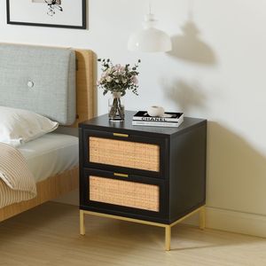 Farmhouse Black Wood Rattan Nightstand with 2 Drawers Bedside <b>Table</b> for Bedroom Modern <b>Storage</b> <b>Side</b> <b>Table</b> Furniture - Product Image 1