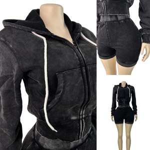 6081 <span class=keywords><strong>Abbigliamento</strong></span> Boutique da Donna, Tuta a 2 Pezzi con Felpa con Cappuccio in Pile, Pantaloncini Vintage Effetto Usurato, Set Coordinato Casual Sportivo Streetwear - Product Image 5