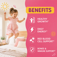 Complément alimentaire liquide oral pour enfants Iron Drops, saveur fraise, 2 ml, soutien quotidien en vitamines, végétalien, pour l'immunité et la densité osseuse