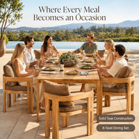 Ensemble de salle à manger d'extérieur en teck avec 8 fauteuils enveloppants, plateau de table à lattes et coussins à séchage rapide pour hôtel, complexe hôtelier, jardin, patio
