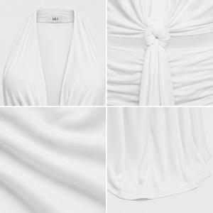 A&J Women Halter Plunge Tie Front Crop Top Ruched Waist Draped Wide Leg <b>Pants</b> Two Piece Set White GRS Certified OEM ODM Supplier - Product Image 2