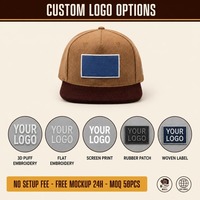 Casquette de baseball unisexe ajustable à 6 panneaux, visière plate, brossée, personnalisable, bleue, avec patch vierge et visière marron, vente en gros, OEM, MOQ