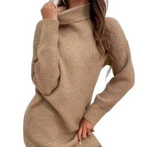 Trui Jurk Voor Vrouwen Coltrui Gebreide Kabel Trui Jurk Casual Losse Lange Mouw Mini Pullover Jurken