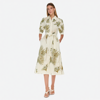 Robe midi pour femme personnalisée, vert ivoire, à rayures et imprimé botanique, col chemise, manches bouffantes, boutonnée sur le devant, taille nouée, coupe trapèze, vente en gros