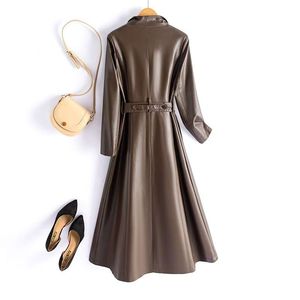 Elegante <span class=keywords><strong>lungo</strong></span> da <span class=keywords><strong>donna</strong></span> <span class=keywords><strong>Trench</strong></span> semplice Casual alla moda con chiusura a bottone in tinta unita in <span class=keywords><strong>pelle</strong></span> per la stagione autunnale - Product Image 2