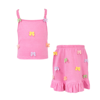 Conjuntos de Ropa para Niñas Pequeñas, Boutique Infantil, Top de Tirantes Trenzados con Lazo de Crochet y Falda Rosa, 2 Piezas, Venta al Por Mayor