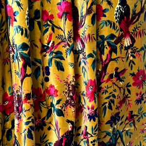Vintage Style Cotton Velvet Golden Mustard Bird of Paradise Print Luxury Curtain Boho Curtain Can Customised to Blackout Drapes - Product Image 1