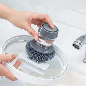 Kitchen Dishwashing Scrubbing Pot Brush Fiber Steel Ball Soap Dispensing Brush Dish Washing Brush with Soap Dispenser