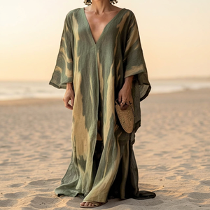 Robe longue en gaze froissée, coupe trapèze, col en V, taille basse, style portefeuille, manches trois quarts, pour soirée et été, respirante - Product Image 3