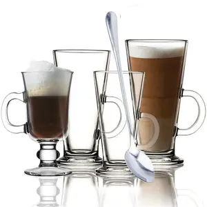 공장 뜨거운 판매 마시는 유리 커피 찻잔 발 투명 아일랜드 키가 큰 유리 커피 머그 핫 초콜릿 라떼 차 커피