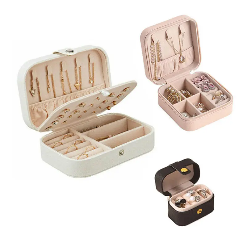 Caja organizadora pequeña portátil de cuero PU para pendientes, collar, joyería, estuche de viaje