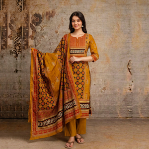 Ensemble de costume droit imprimé en coton de qualité supérieure pour femmes, 60×60, avec pantalon Kurta moutarde et dupatta, pour un usage décontracté et festif - Product Image 1