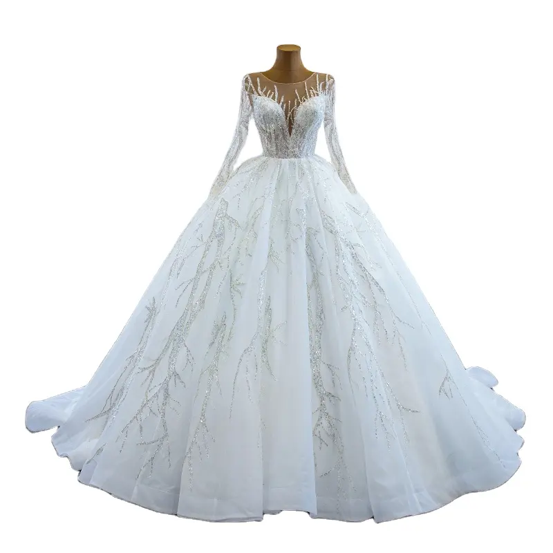 Mới Nhất Ảo Tưởng Thiết Kế Dài Tay Áo Sang Trọng Bóng Sáng Bóng Gown Wedding Dresses Bridal Gown Made Tại Trung Quốc