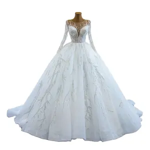 Neueste Illusion Design Langarm Luxuriös Glänzendes Ballkleid Brautkleider Brautkleid Made In China