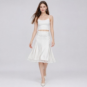 White Dropped Waist Midi Skirt Lace Trim Pleated A-Line Women Summer Casual Satin - Product Image 1