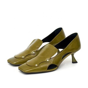 Metal Studs Women's Side Cut Out Sandals Square Toe Low Thin Heels <b>Shoes</b> Retro Styles on Dress Pumps - Product Image 5