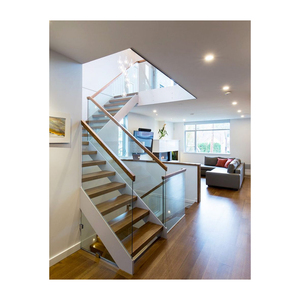 <span class=keywords><strong>Escalier</strong></span> élégant à double poutre avec marches en chêne et rampe en acier inoxydable pour intérieur - Product Image 4