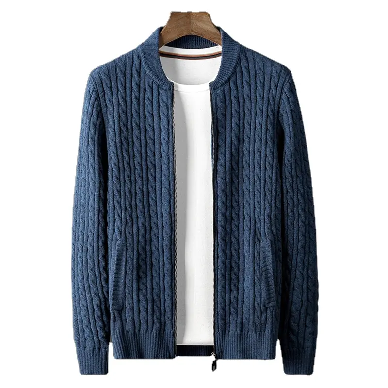 2023 OEM Men Sweater Knit Autumn And Winter Youth Plus Velvet Thick Casual Fashion Urban Gradient Cardigan Man Blue